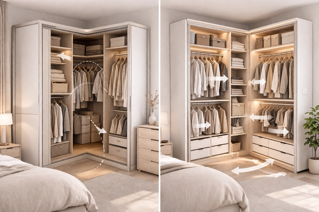 Сравнение углового шкафа-купе и двух отдельных прямых шкафов в интерьере спальни